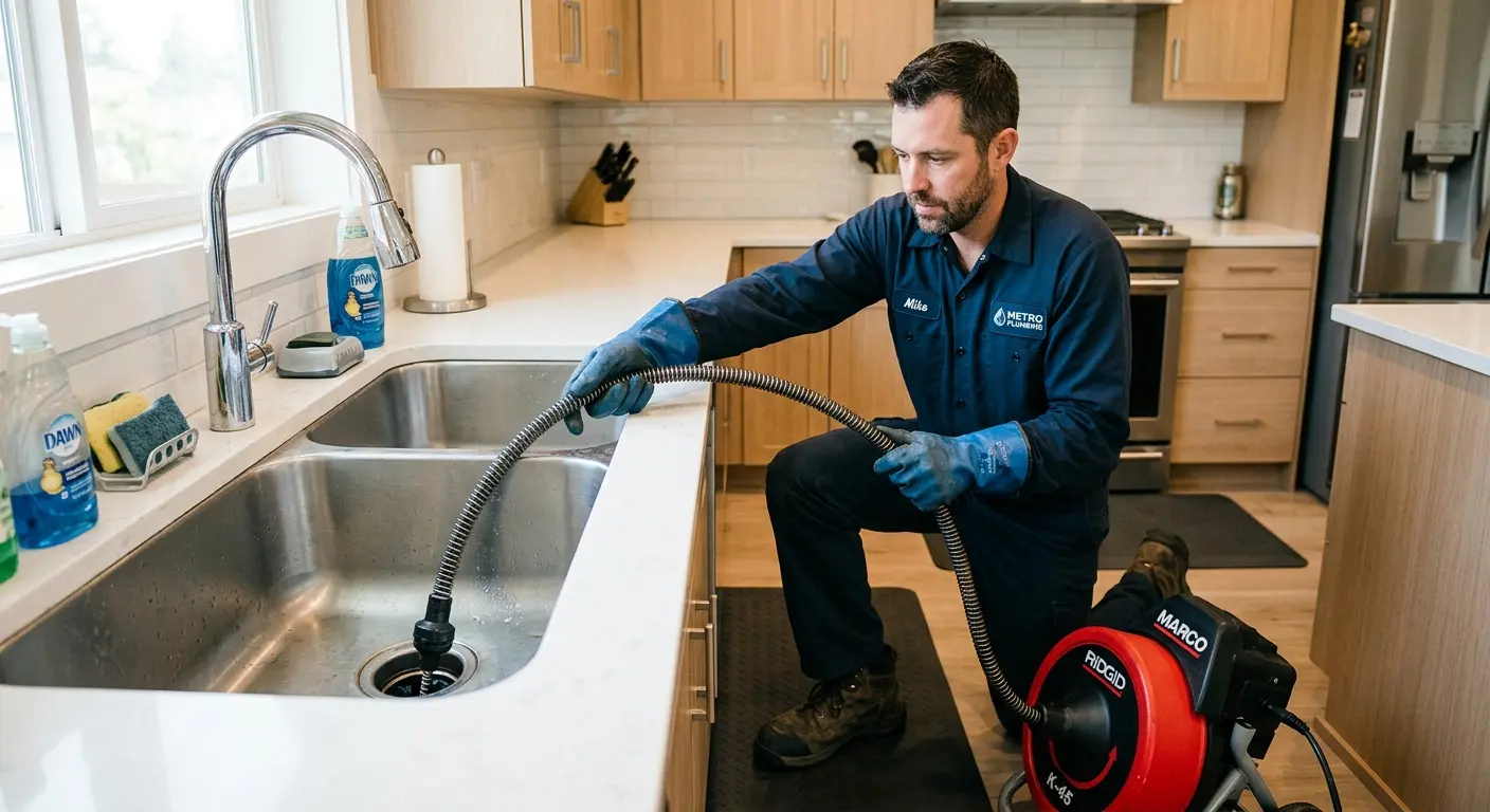 Drain cleaning technician using a motorized snake on a kitchen sink in Cushing
