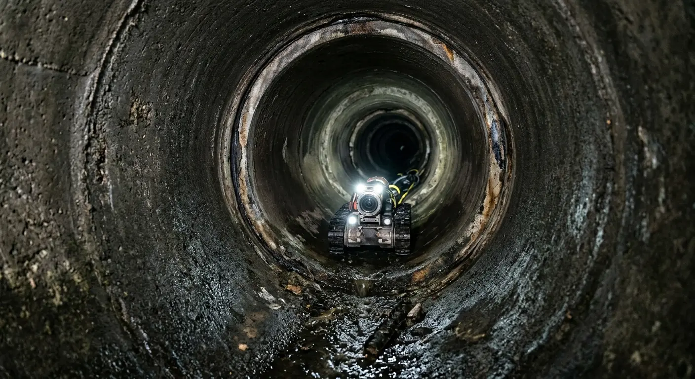 Robotic sewer camera inspecting pipe interior for Sewer Line Cleaning in Cushing
