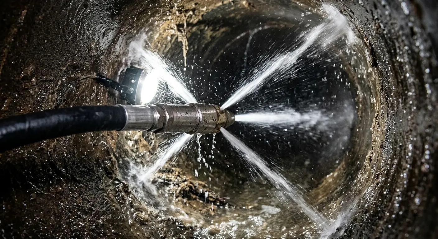 High-pressure hydro jetting nozzle cleaning sewer pipe for Sewer Cleanout in Cushing