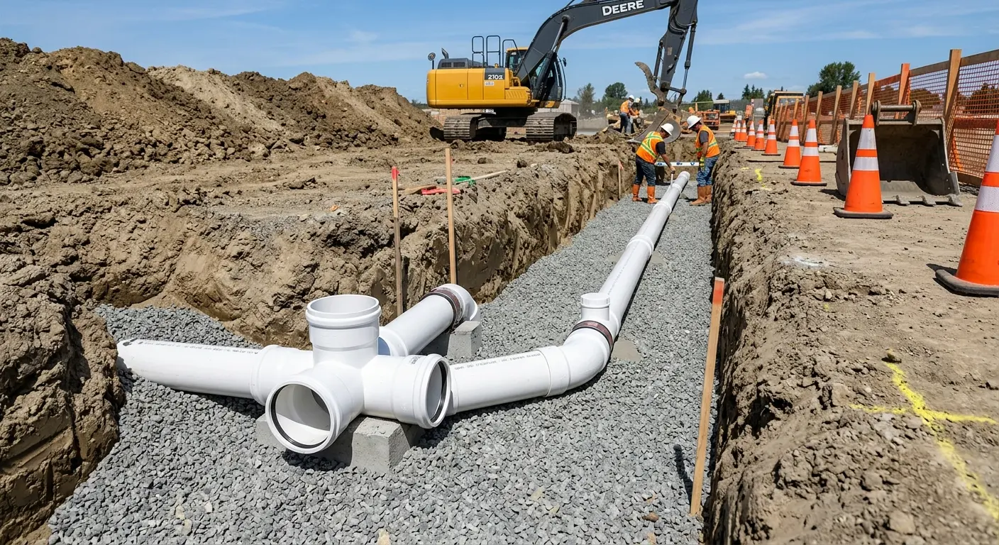 New PVC sewer pipe installation in open trench for Grease Trap Cleaning in Cushing