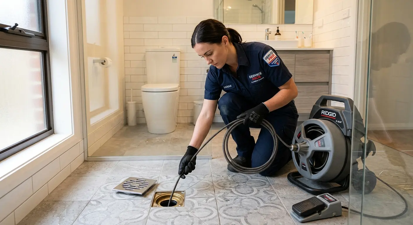 Technician clearing a bathroom floor drain for Sewer Line Installation in Cushing